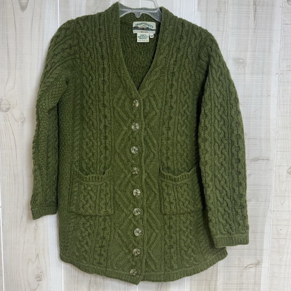 Aran Crafts Ireland 100% Merino Wool Green Cable Knit Irish M